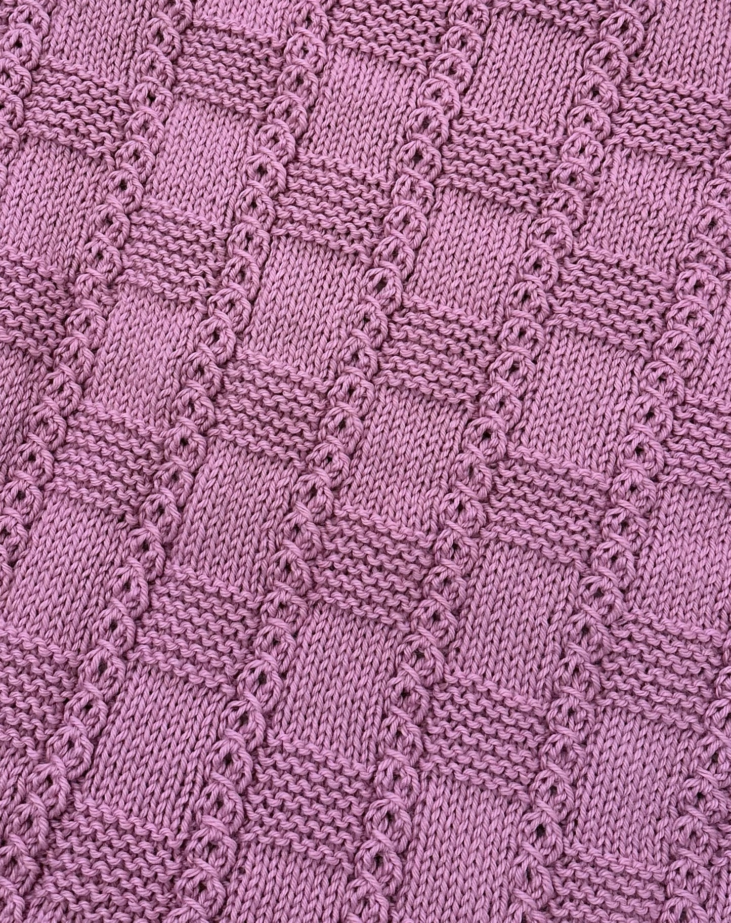 chess line baby blanket knitting pattern lace and cable texture mauve
