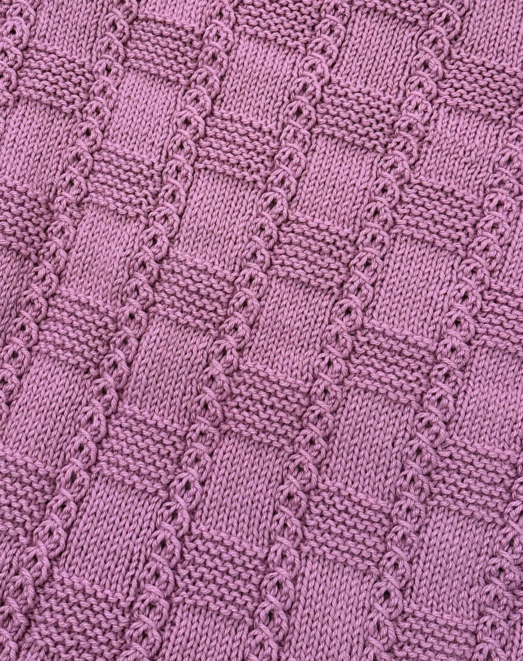 chess line baby blanket knitting pattern lace and cable texture mauve